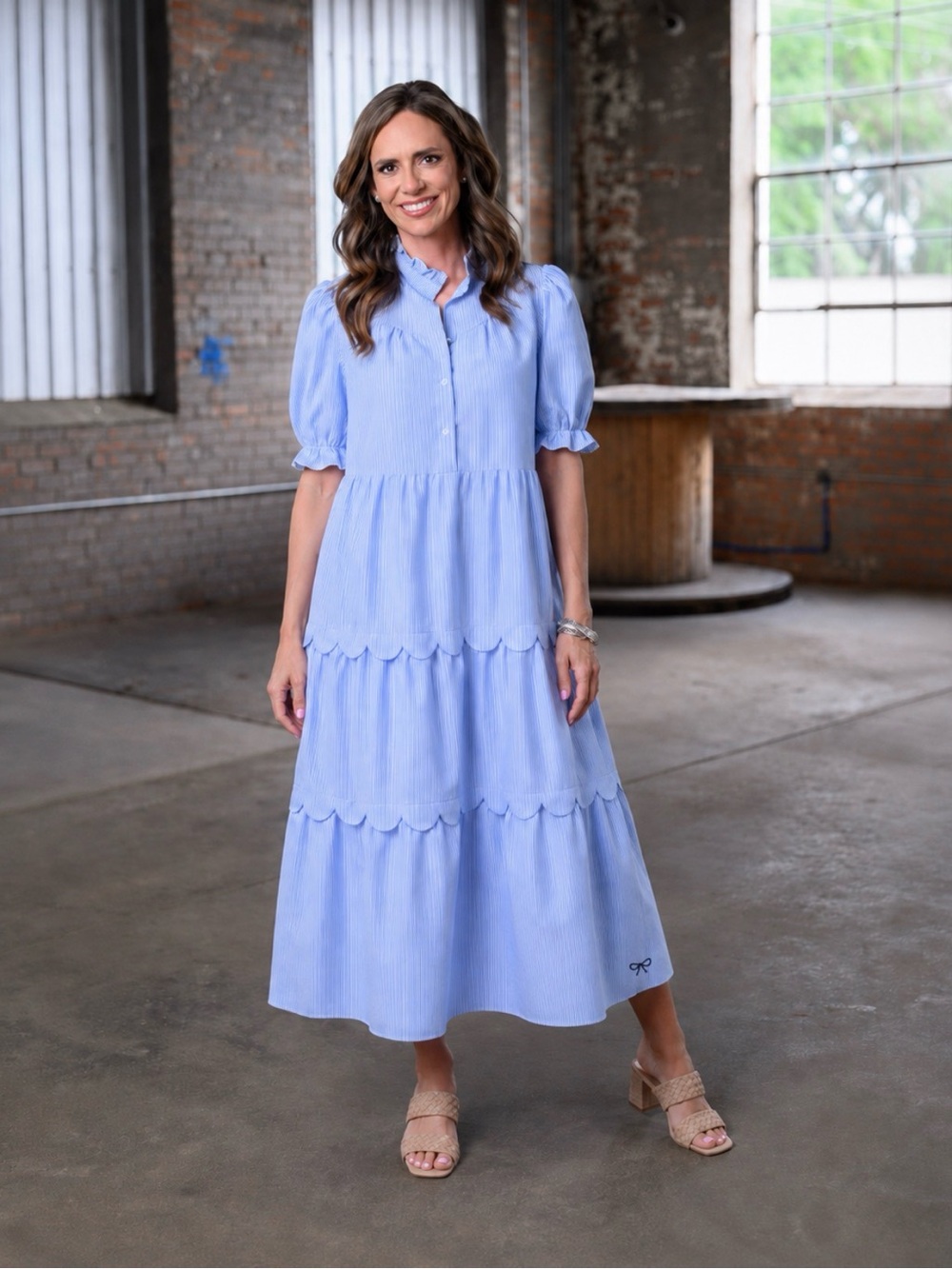 Simply Southern Blue & White Pinstripe Tiered Scallop Midi Dress with Bow Detail